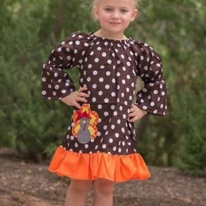 Girls Thanksgiving Dress NEW brown polka dot 3/4 sleeve orange ruffle